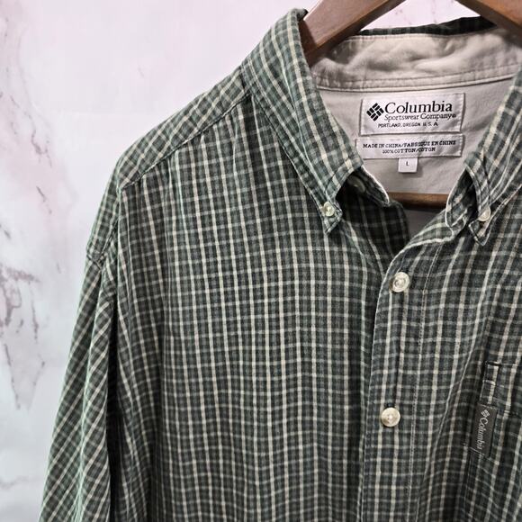 Columbia Shirt Mens Large Green Button Down Up Plaid Cotton Vintage Long Sleeve - Picture 2 of 10
